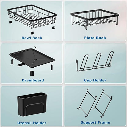 GAOKASE Dish Drying Rack, Stainless Steel-Dish Rack, Dish Racks for Kitchen Counter, Kitchen Dish Drainers with Removable Utensil Holder,New Drain Outlet,Plate Rack and Drainboard (Black 3) - Image 5