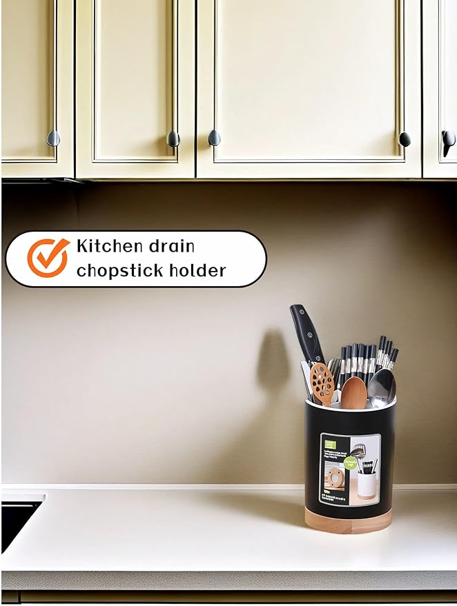 BUBBLE-FLY Modern Kitchen Utensil Holder with Drainage, Black and Wood Base, 3 Compartment Divided Organizer for Spoons Forks Knives, Countertop Caddy for Cooking Tools and Cutlery Storage- Non-Slip - Image 6