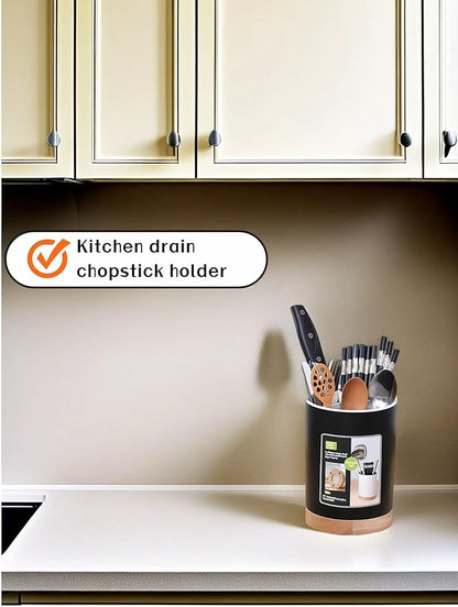 BUBBLE-FLY Modern Kitchen Utensil Holder with Drainage, Black and Wood Base, 3 Compartment Divided Organizer for Spoons Forks Knives, Countertop Caddy for Cooking Tools and Cutlery Storage- Non-Slip - Image 6