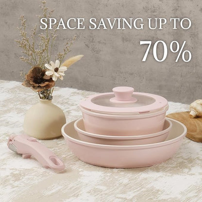 Ceramic Cookware Set Non Stick 8Pcs Pots and Pans Set Removable Handle Induction Kitchen Cookware Set with Frying Pans Oven Safe, Light Pink - Image 8