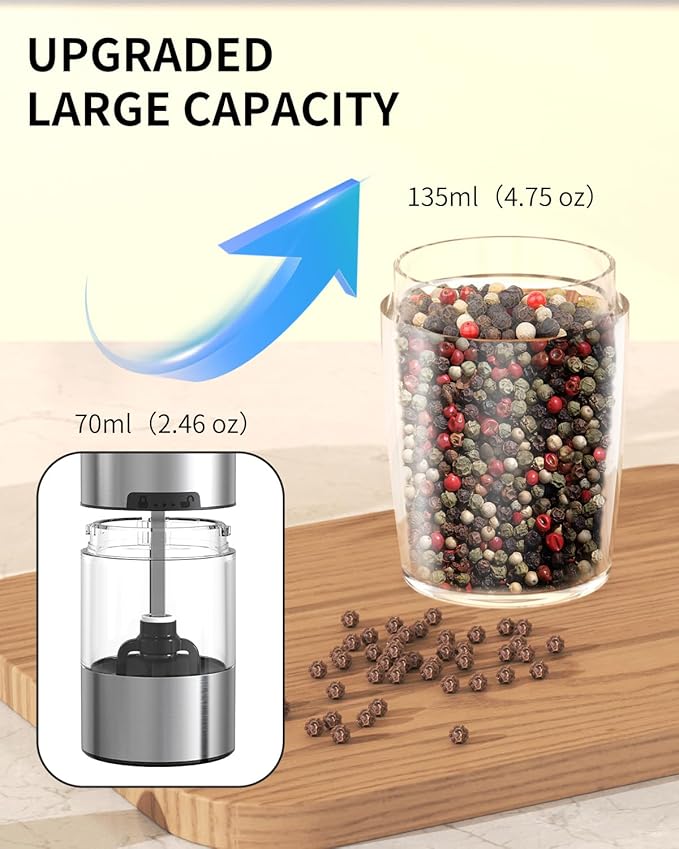 CIRCLE JOY Rechargeable Electric Salt and Pepper Grinder Set Gravity Salt and Pepper Mills Set with LED Light, No Battery Needed, Adjustable Coarseness, Washable 135ml Container, Black - Image 6