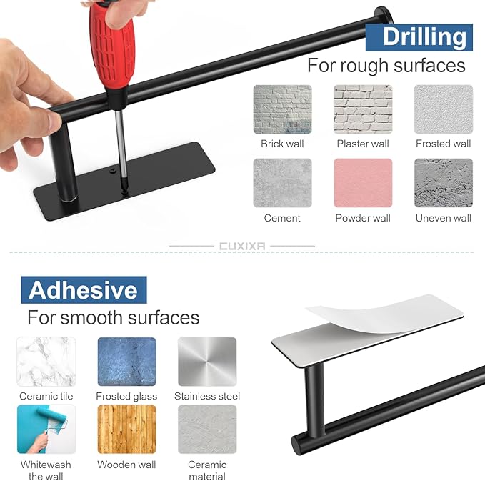 CUXIXA Paper Towel Holder Under Cabinet 2 Pack, Under Counter Paper Towel Holder Wall Mount with Self Adhesive and Screws for Kitchen, Bathroom, RV(Stainless Steel, Black) - Image 5