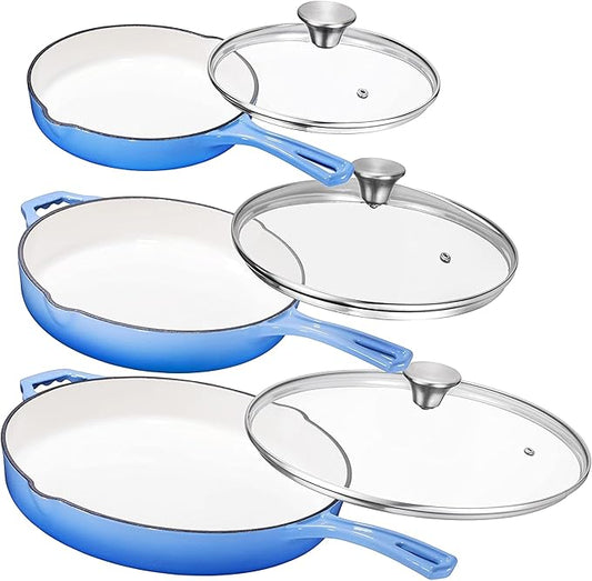 Bruntmor Enameled Cast Iron Frying Pan Set - 8" 10" 12" Blue Enamel Nonstick Skillets with Tempered Glass Lid - Oven Safe Egg and Grill Pan Set for Cooking, Searing, and Frying