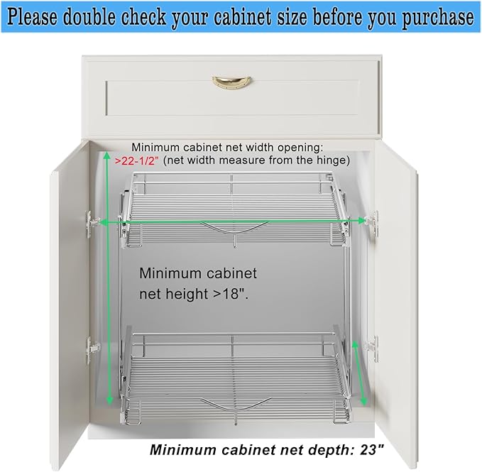 DINDON Pull Out Cabinet Organizer (22-1/2" W x 21-1/2"D), Cabinet Pull Out Shelves, 2 Tier Pull Out Drawers for Kitchen Cabinets, Wire Basket Slide Out Shelf, Pot and Pan Organizer - Image 6