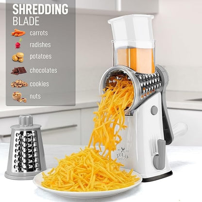 Zulay Kitchen Rotary Cheese Grater 5 Blade Cheese Shredder - Manual Hand Crank Cheese Grater With Reinforced Suction & 5 Interchangeable Drums - Easy to Use, Vegetable Chopper Round Mandoline Slicer - Image 3