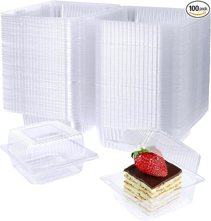 Jizvxe 100 Pack Clear Plastic Square Hinged Food Container,Disposable Plastic To Go Containers with Clear Lids,Cake Slice Containers Clamshell Takeout Tray for Pastry,Salad,Dessert(5.1"x 4.7"x 2.8")