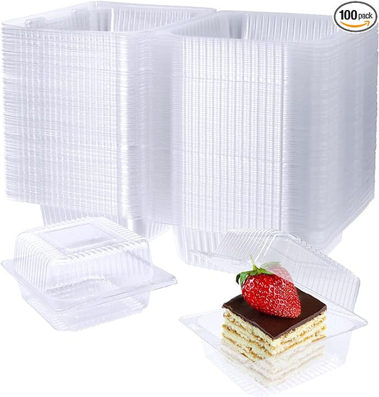 Jizvxe 100 Pack Clear Plastic Square Hinged Food Container,Disposable Plastic To Go Containers with Clear Lids,Cake Slice Containers Clamshell Takeout Tray for Pastry,Salad,Dessert(5.1"x 4.7"x 2.8")