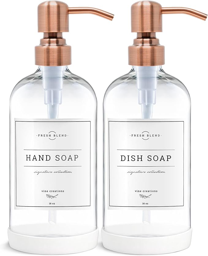 Vine Creations Clear Glass Soap Dispenser, 2 Pack Kitchen Soap Dispenser Set with Stainless Steel Pump, 16 oz Dish Soap and Hand Soap Dispensers for Bathroom with Waterproof Labels by VineCreations
