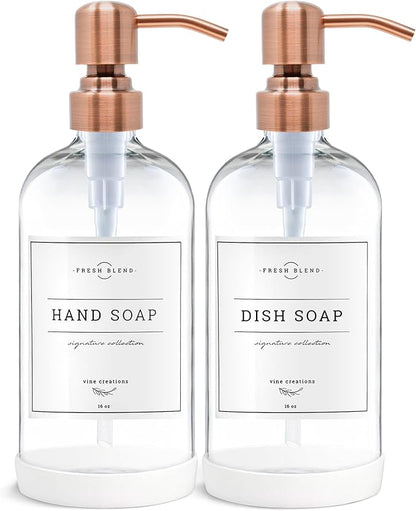 Vine Creations Clear Glass Soap Dispenser, 2 Pack Kitchen Soap Dispenser Set with Stainless Steel Pump, 16 oz Dish Soap and Hand Soap Dispensers for Bathroom with Waterproof Labels by VineCreations