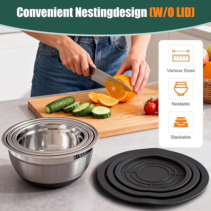 Stainless Steel Mixing Bowls Set with Lids & Silicone Base - 7-Piece Kitchen Gadgets Includes Colander, Grater, Egg Separator, Whisk - Nesting Bowls (1.5, 2, 2.5, 4.5 QT), Dishwasher Safe, Black - Image 3