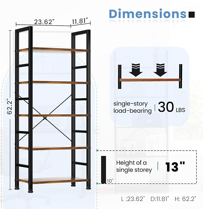 DUMOS 5 Tiers Bookshelf, Classical Modern Book Shelf, Tall Display Shelves in Living Room/Home/Office, Storage Organizer for CDs/Books/Movies, Rustic Brown - Image 3