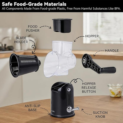5-in-1 Rotary Cheese Grater Vegetable Slicer with Handle - Upgraded Hand Crank Cheese Grater with Handle and Strong Suction Base, Multi-Purpose Slicer with 5 Blades (Black) - Image 3