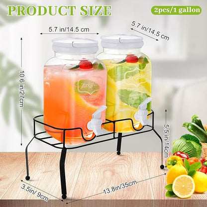 Teenyyou 2 Pcs Plastic Drink Dispensers for Parties Beverage Dispenser with Stand and Spigot Juice Lemonade Jars with Lid for Countertop Party Bar Picnics Water Tea, 2 Gallons Total