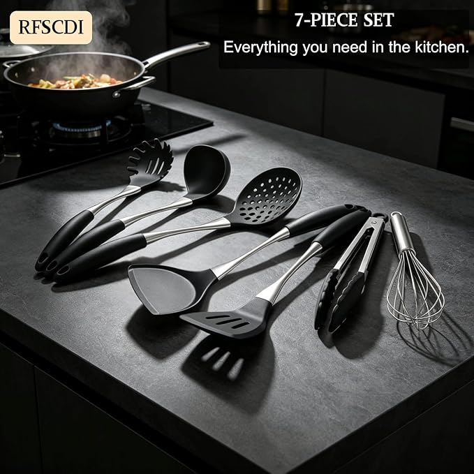 Premium Black Silicone Cooking Utensils Set - Non-Toxic, Heat Resistant& Non-Stick Kitchen Utensils Set with Spatula, Spoon, Whisk, Tongs, BPA Free, Dishwasher Safe, Black - Image 5