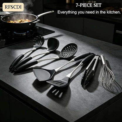Premium Black Silicone Cooking Utensils Set - Non-Toxic, Heat Resistant& Non-Stick Kitchen Utensils Set with Spatula, Spoon, Whisk, Tongs, BPA Free, Dishwasher Safe, Black - Image 5