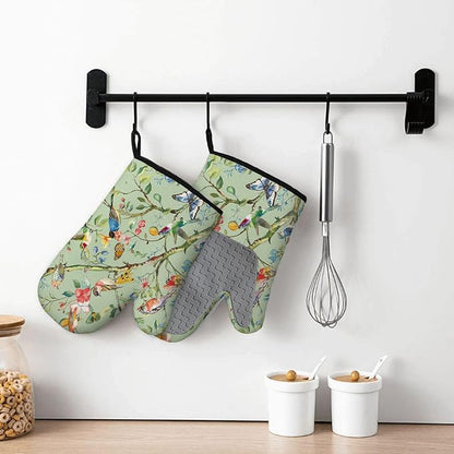 Bird Oven Mitts and Pot Holders Sets 3PCS, Floral Botanical Print Silicone Oven Mitts Birthday for Bird Lover Garden Kitchen, Song Birds Heat Resistant Non-Slip Oven Gloves for Mom Wife Sister BFF