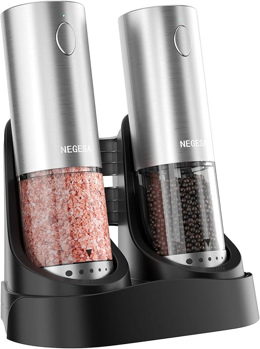 Electric Salt and Pepper Grinder Set with Rechargeable Base - Automatic Refillable Electric Salt and Pepper Shakers with Large Capacity, LED Light & Adjustable Coarseness, Stainless Steel by Unknown
