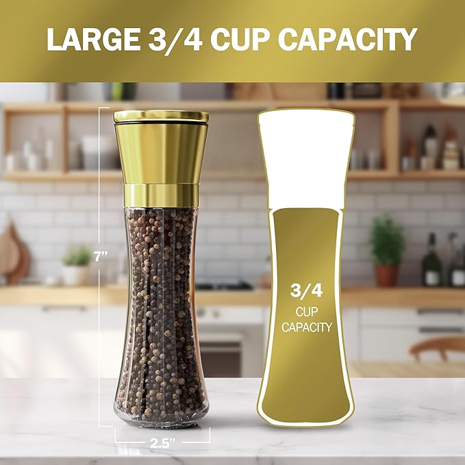 HOME EC Original Stainless Steel Salt or Pepper Grinder 1pk - Adjustable Ceramic Sea Salt Grinder or Pepper Mill - Tall Glass Spice Shaker - Spice Mill w/Ebook (Gold) - Image 2