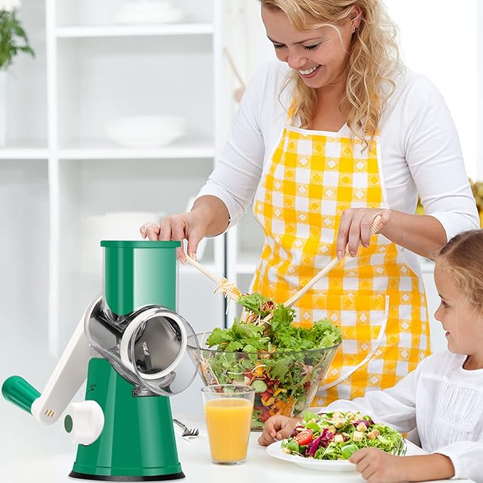 Ourokhome Rotary Cheese Grater Hand Crank, Kitchen Shredder Speed Mandolin Slicer Nut Grinder with Handle and Drum Blades for Cheese, Vegetable, Walnut, Chocolate, Potato, Carrot, 3 Blades, Emerald - Image 7