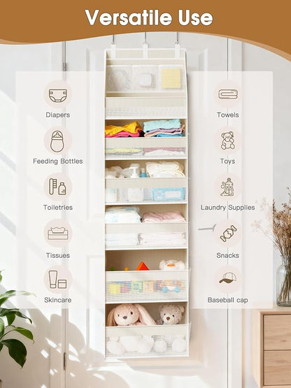 Criusia Over the Door Organizer, 6-Shelf Closet Hanging Storage with 13 Mesh Pockets, 55lbs Capacity Behind the Door Storage for Baby Nursery, Bathroom, Bedroom, and Dorm, Beige - Image 9