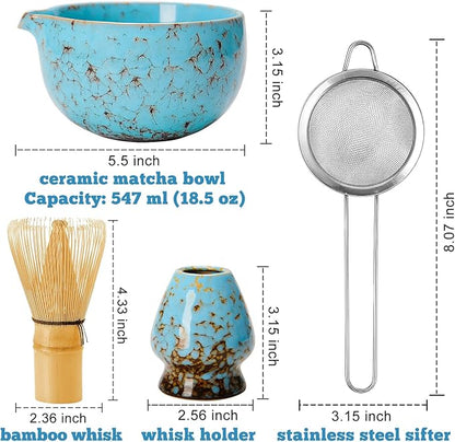Matcha Whisk Set - Microwave Safe Ceramic Bowl with Spout, BPA-Free Japanese Matcha Kit with Holder & Stainless Steel Sifter, 4 PCS Gift Set
