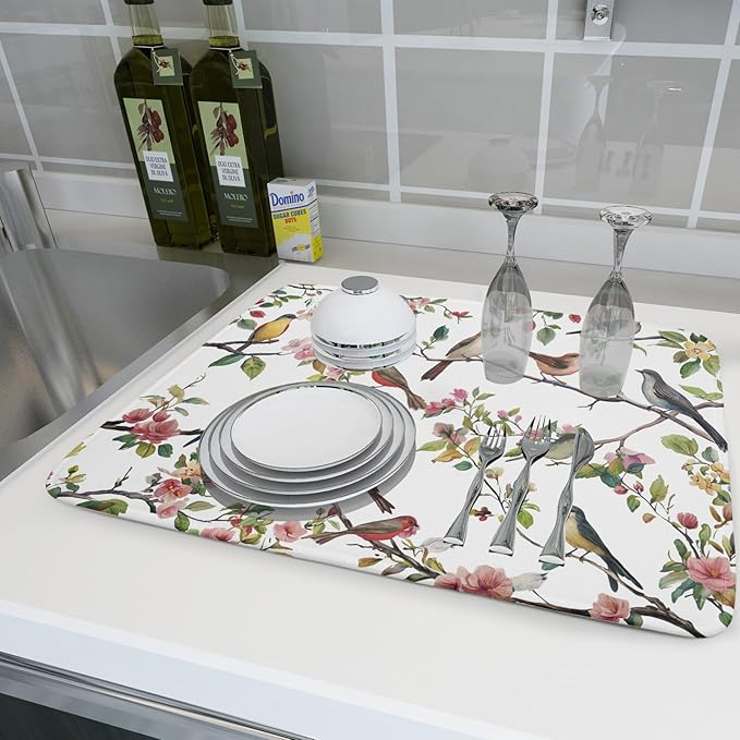 Spring Dish Drying Mat for Kitchen Counter Cute Birds Summer Holiday Microfiber Absorbent Dish Draining Reusable Washable Foldable Extra Large 18"x24" - Image 6