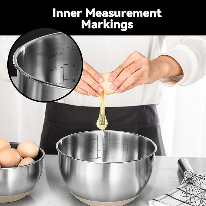 KITEISCAT Stainless Steel Mixing Bowls with Lids – Set of 5 Large Nesting Metal Bowls for Kitchen, Baking, Cooking, Food Prep & Storage, Non-Slip Base, Dishwasher Safe,Khaki - Image 5