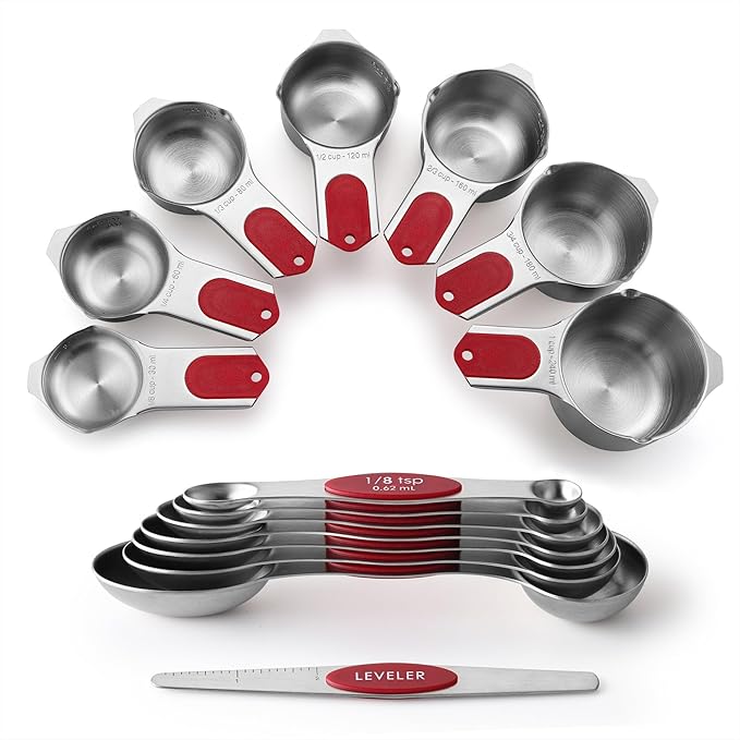 Spring Chef Magnetic Measuring Cups & Spoons Set, Patented, Strong N45 Magnets, Heavy Duty Stainless Steel Fits in Spice Jars for Baking & Cooking, BPA Free, Round Set of 15 with Leveler, Red by SpringChef