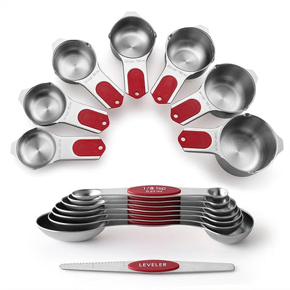Spring Chef Magnetic Measuring Cups & Spoons Set, Patented, Strong N45 Magnets, Heavy Duty Stainless Steel Fits in Spice Jars for Baking & Cooking, BPA Free, Round Set of 15 with Leveler, Red by SpringChef