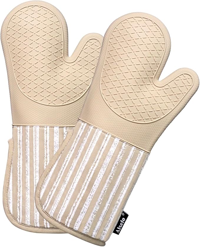 Alselo Silicone Oven Mitts Heat Resistant 932℉ with Waterproof & Non-Slip Kitchen Mittens, Set of 2 Extra Long Oven Gloves with Soft Cotton Terry Lining for Baking Cooking Barbecue (Khaki, 2) by Alselo-Enjoyahealthylife