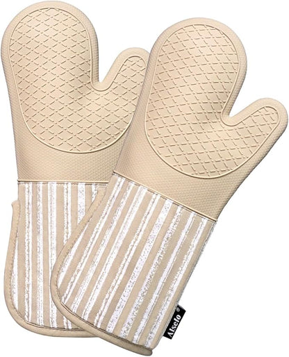 Alselo Silicone Oven Mitts Heat Resistant 932℉ with Waterproof & Non-Slip Kitchen Mittens, Set of 2 Extra Long Oven Gloves with Soft Cotton Terry Lining for Baking Cooking Barbecue (Khaki, 2) by Alselo-Enjoyahealthylife