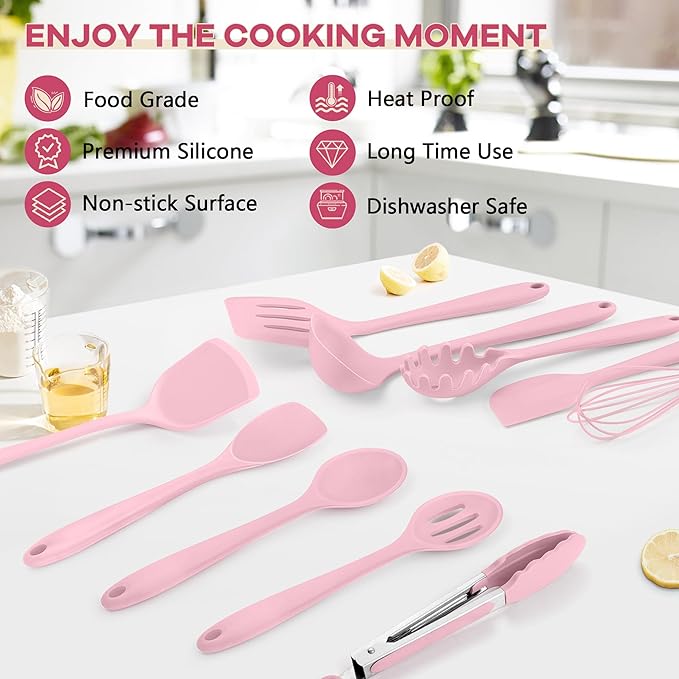 TeamFar Kitchen Cooking Utensils, 10 pcs Silicone Cooking Utensils Set, 446°F Heat Resistant Kitchen Gadgets Tools Set w/Spatula, Turners, Spoons, Soup Ladle, Pasta Server for Nonstick Cookware, Pink - Image 7