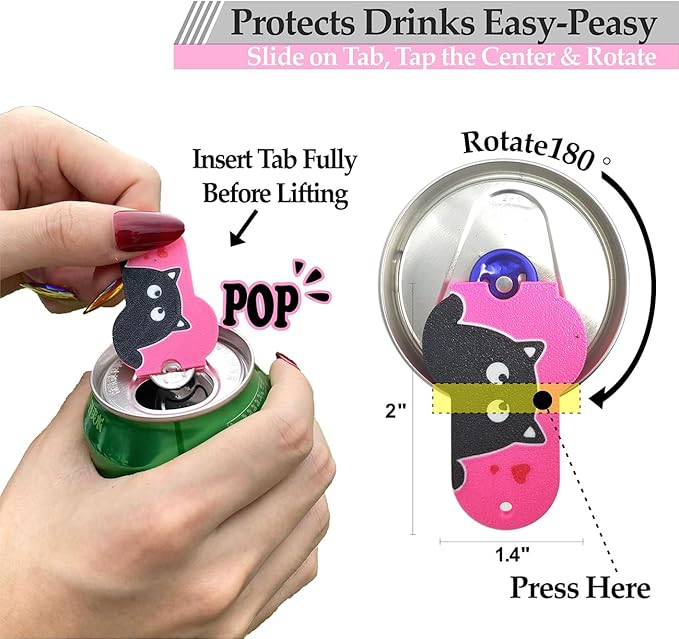 Soda Can Tab Opener Mini Soda Can Cover Easy Tab Opener and Drink Protector Cute Beverage Barricade Soda Protector for Beer,Coke,Aluminum Cans at Party,BBQ, Beach(Cat Face Blue&Rose)