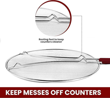 13" Grease Splatter Screen for Cooking | Stainless Steel Oil Splatter Guard and Ultra-Fine Mesh Protects Skin from Burns | TPR Tight-Grip Handle (Red) - Image 5