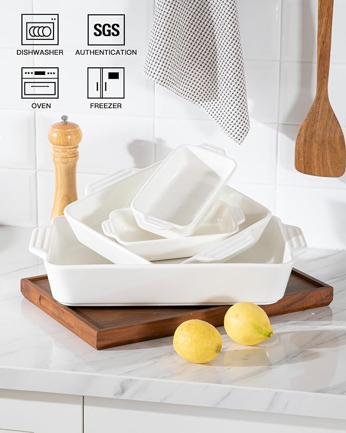 Sweejar Ceramic Bakeware Set of 4, Casserole Dishes for Oven, Rectangular Baking Dish with Handles, Lasagna Pans Deep for Cooking, Gratin, Roasting, Banquet and Daily Use (White) - Image 3