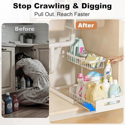 REALINN Under Sink Organizer, Pull Out Cabinet Organizer, 2 Tier Metal Slide Out Shelf with L Shaped Design, Under Cabinet Storage for Kitchen, Bathroom, Laundry, Deep Cabinet Shelf Storage, White - Image 4