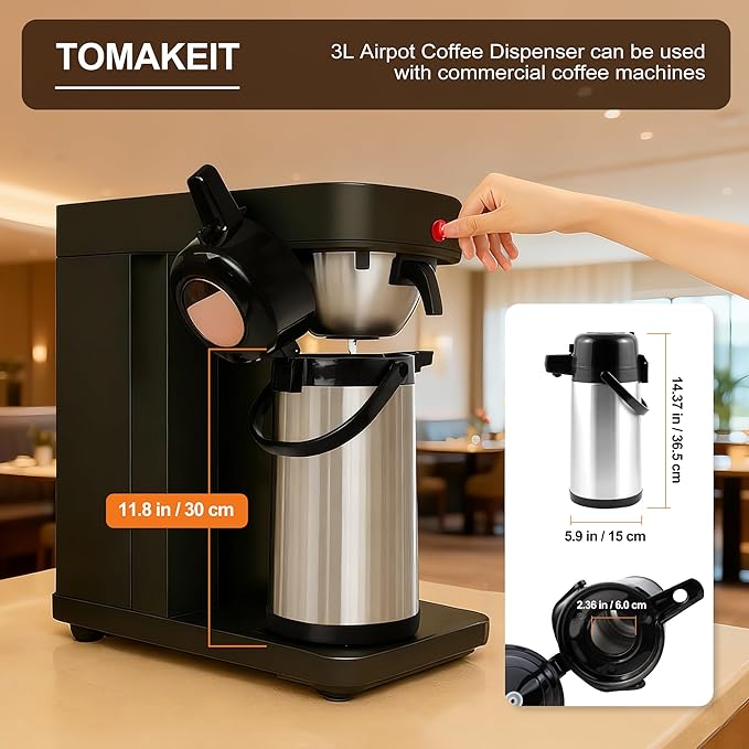 TOMAKEIT Airpot Coffee Carafe for Keeping Hot,102oz/3L Coffee Dispenser Thermal with Pump,Insulated Stainless Steel Hot Beverage Dispenser for Parties,Thermal Carafe for Hot Drinks Water Tea Chocolate - Image 2