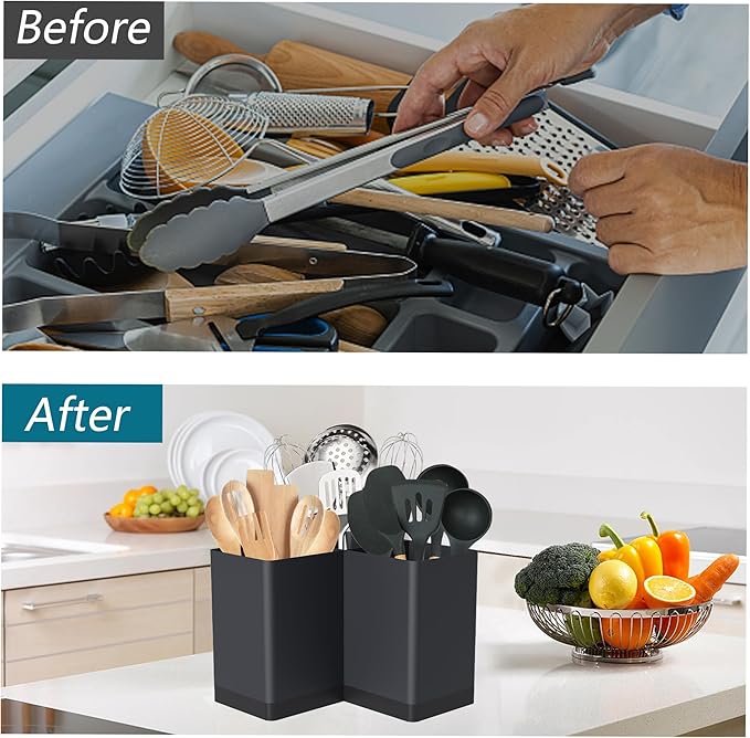 Suli Utensil holder, Kitchen Utensil Organizer for Corner Countertop,Extra Large Silverware Organizer with 3 Compartments,Farmhouse Decor, Iron, Black - Image 3