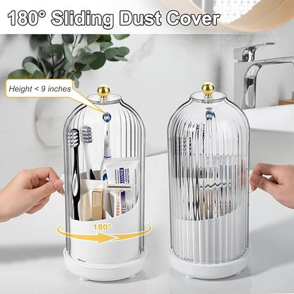 Rotating Toothbrush Holders with Cover, Dustproof Toothbrush Holder with Sliding Lid Electric Tooth Brush and Toothpaste Organizer for Bathroom, Makeup Brush Holder for Vanity, White