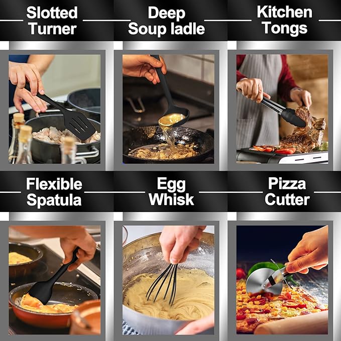 43 Pcs AIKKIL Kitchen Utensils Set, Heat Resistant Silicone Cooking Kitchen Utensils Set with Holder, Spoon, Spatula, Kitchen Gadgets Tools Set For Nonstick Cookware, Dishwasher(BPA Free, Black) - Image 7