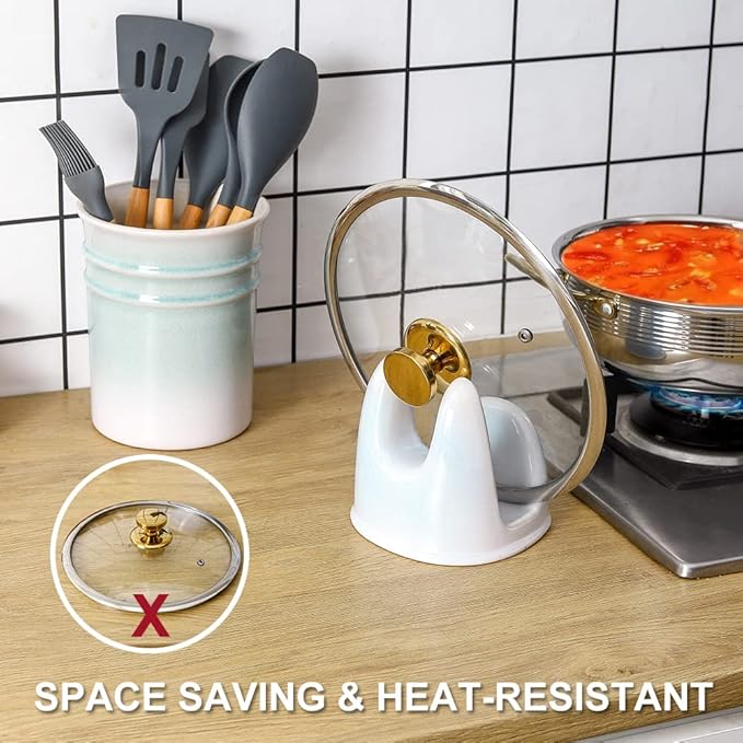 Nihow Pot Lid Holder: Stable Ceramic Pan Lid Holder for Kitchen Counter Decor/Counter top/Stove Top- Heat Resistant & Dishwasher Safe - Elegant White & Green (1 PC) - Image 4