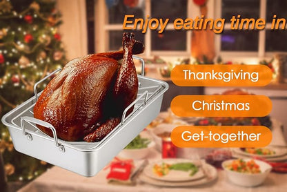 TeamFar Stainless Steel Roasting Pan, 16 Inch Large Turkey Roaster Lasagna Pan with V Rack & Cooling Rack Set for Roasting, Baking, Healthy & Heavy Duty, Deep Side & Dishwasher Safe - 3 PCS
