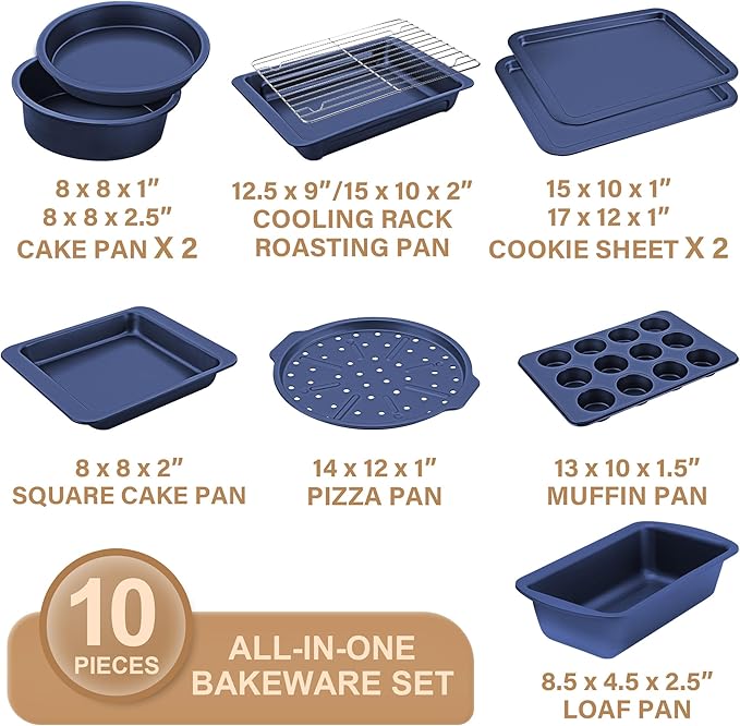 HONGBAKE Bakeware Sets, Baking Pans Set, Nonstick Oven Pan for Kitchen with Wider Grips, 10-Piece Including Rack, Cookie Sheet, Cake Pans, Loaf Pan, Muffin Pan, Pizza Pan - Blue - Image 3