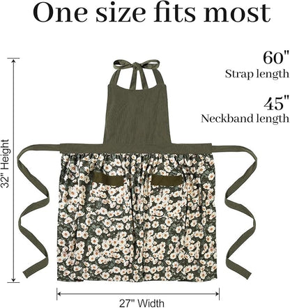 Cute Floral Aprons for Women with Pockets,Cotton Adjustable Neck Strap Apron for Kitchen Cooking Baking Gardening