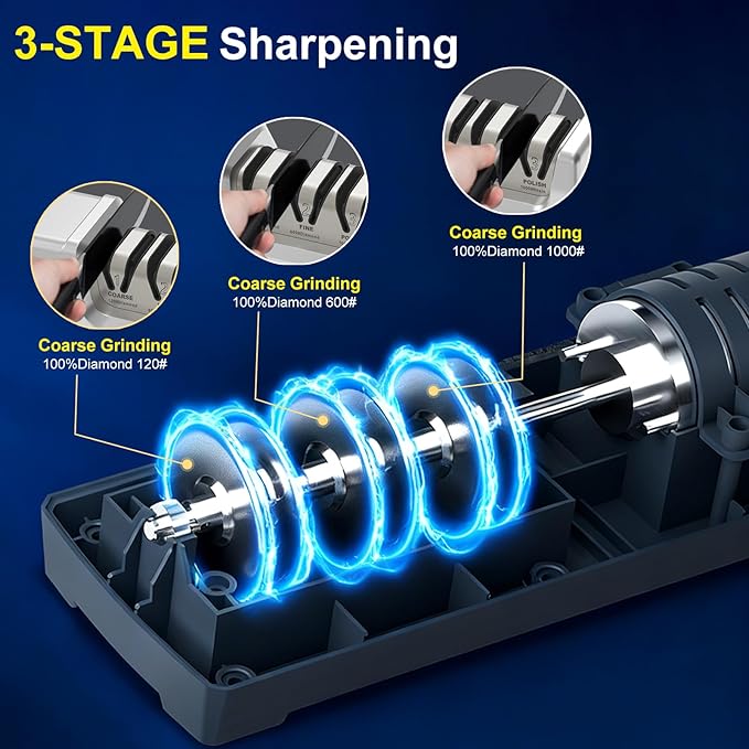 Knife Sharpener Electric, 3-Stage Professional Kitchen Sharpener with 100% Diamond Abrasive, 15° Precision Angle, Magnetic Dust Box, Fast Sharpening & Repair for Chef Knife, Paring Knife - Image 3