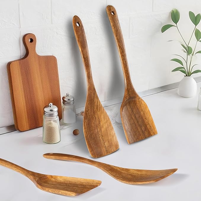 Wooden Spatulas, 2 PCs Natural Acacia Wooden Cooking Utensils Set for Non-stick Pan Kitchen Tool, flipping and Wok Spatula, Wooden Spoons & Spurtle for Cooking - Image 5