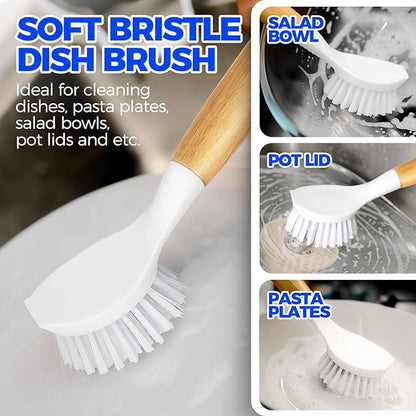 Holikme 6 Pack Dish Brush Scouring Pad Set with Bottle Brush, Dish Brush, Palm Scrub Brush and Straw Brush, Dish Scrubber Long Handle for Dish Bottle Cup Skillet Wok Pot Pan Cast Iron, White - Image 2
