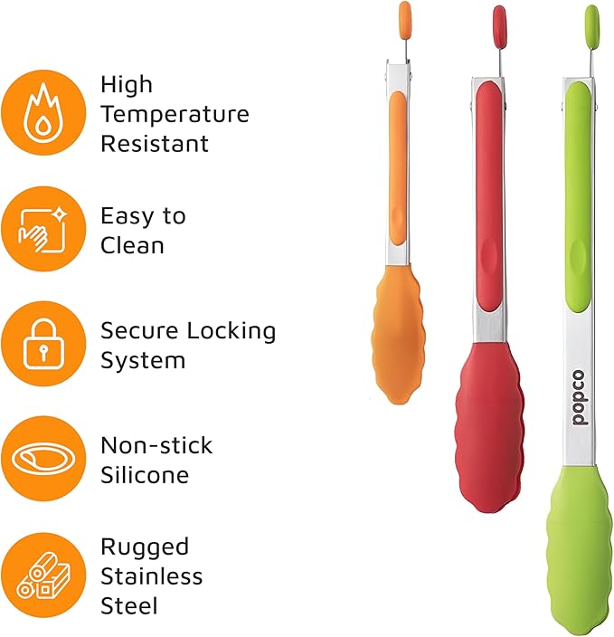Popco 3 Piece Kitchen Tongs Set 7, 9, 12 Inch - Stainless Steel Nonstick Tongs with Silicone Tips - Heat Resistant and Dishwasher Safe for Cooking, Grilling, Salad, and Everyday Serving - Image 5