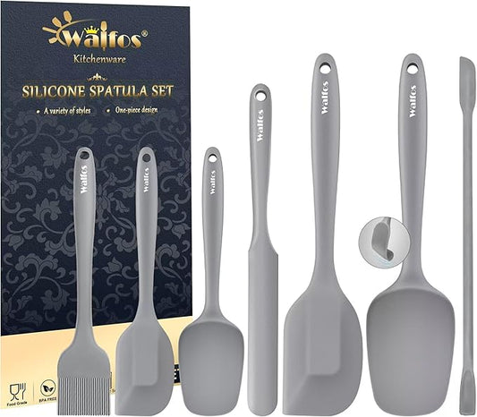 Walfos Silicone Spatula Set (7pcs) - 600℉ Heat Resistant Silicone Scraper Spatulas with Stainless Steel Core, Non Stick Flexible Rubber Spatula for Cooking, Baking and Mixing, Gray by Walfos
