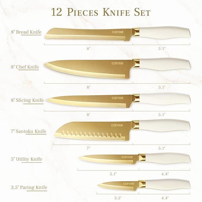 CAROTE 12PCS Kitchen Knife Set, Healthy Gold Titanium Coating Knife Set, Dishwasher Safe with 6 Blade Guards, Rustproof Stainless Steel Cutlery Set, White and Gold - Image 2